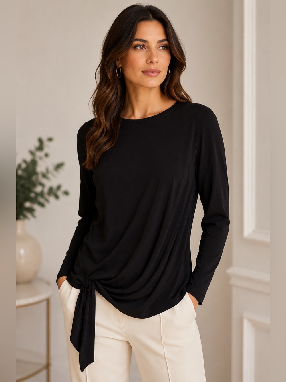 Vecceli Italy Classy Black Draped Side Tie Blouse Minimalist Chic Top Size M